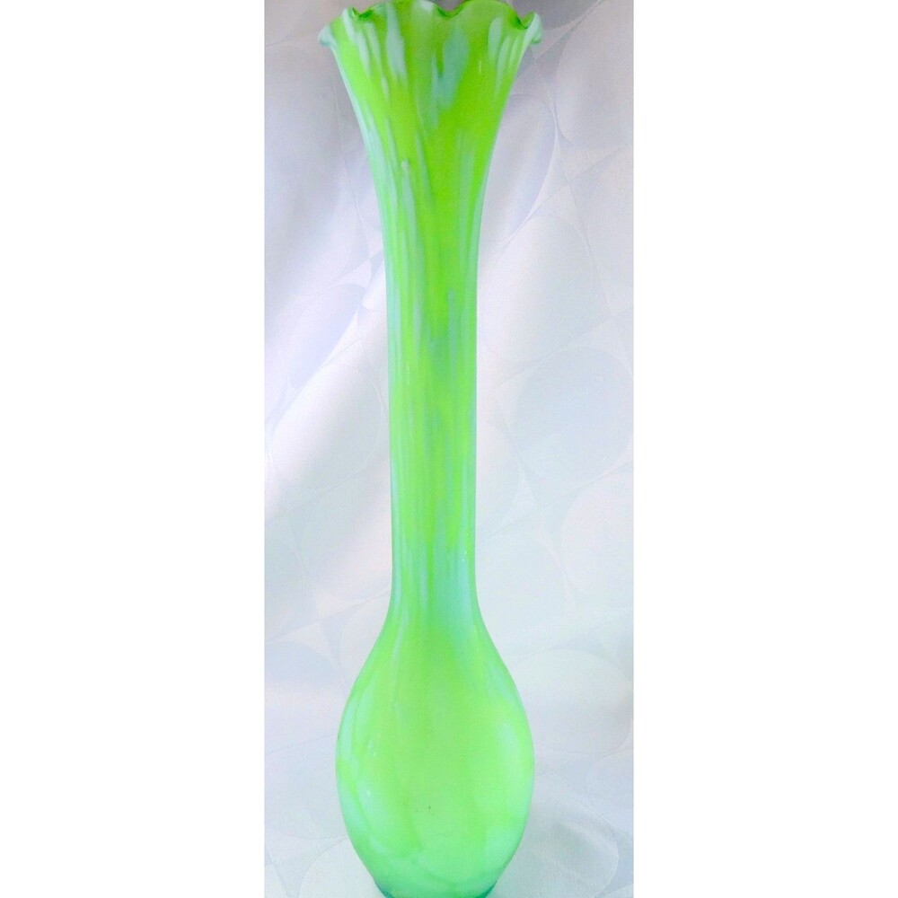 VTG Green Glass Vase With White Accents 12" Handblown